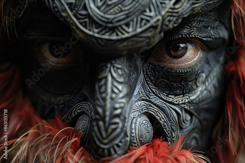 Menacing mask with intricate designs, concealing the face of a notorious criminal,