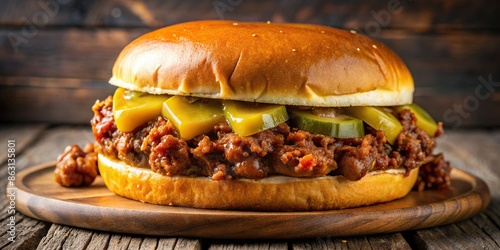 Close up of a delicious sloppy joe burger with melted cheese, pickles, and sauce, sloppy joe, burger, sandwich, close up, tasty