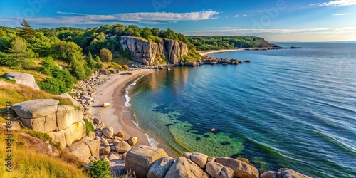 Beautiful coastal landscape in Hav?ng, Sk?ne, Sweden with rocky cliffs, sandy beaches, and the Kalmarsund in the background