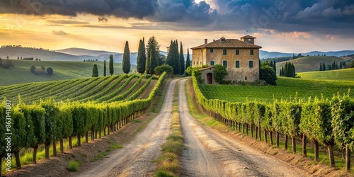 Tuscany road lined with vineyards leading to an antique house, Tuscany, road, vineyard, antique, house, countryside, rural