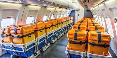 Life vest storage boxes located under seats in an airplane , airplane, safety, emergency, equipment, life vest, stowage