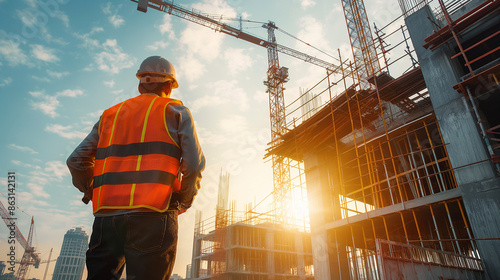 Construction worker in safety vest observing a building site at sunrise.