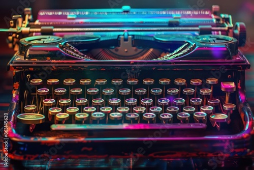 Closeup of an antique typewriter with holographic text appearing above the keys, with copy space