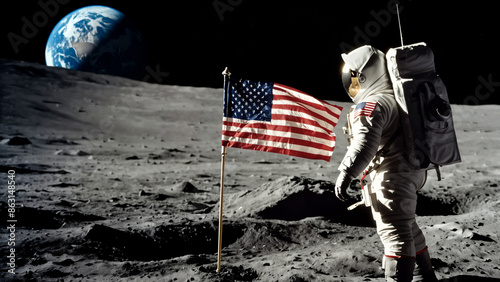 An Astonaut plants an American Flag on the moon surface with glowing earth showing the American Continent on background. US independence day featuring moon landing banner background concept.