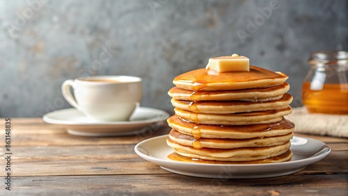 A delicious stack of pancakes with syrup and butter on a table , breakfast, pancakes, syrup, butter, gourmet, delicious, homemade