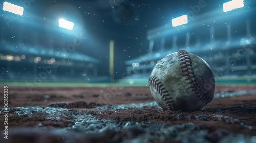 closeup of weathered baseball on illuminated stadium field at night dramatic sports photo