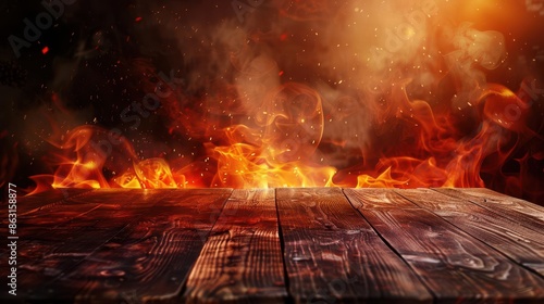 empty wooden table with fiery flames background hot and spicy food promotion digital illustration