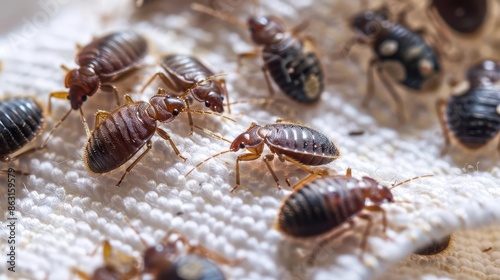 extreme closeup of bed bugs crawling on white fabric macro insect pest infestation concept