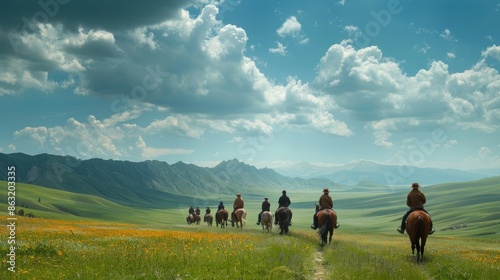 A group of tourists riding horses through a grassy field. The sky is cloudy and the sun is shining through the clouds