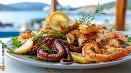 Grilled seafood platter with octopus and shrimp, garnished with lemon and herbs, by the ocean.