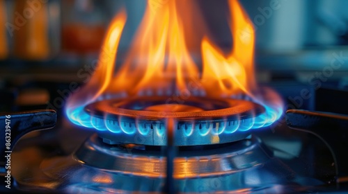 The image shows a close-up view of a kitchen gas stove burner with a bright blue flame. The vibrant colors highlight the intensity of the gas flame.