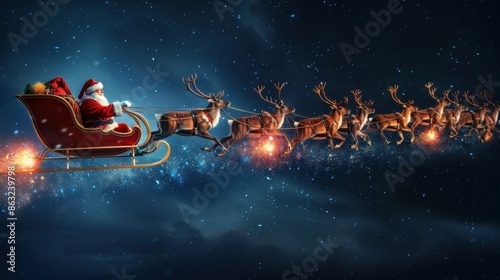 Santa Claus is flying on a sleigh pulled by reindeer across a starry night sky, illuminated by a magical glow.