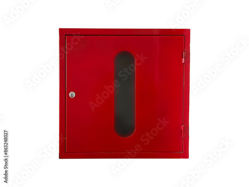 Red metal box with fire hydrant is isolated on transparent background.