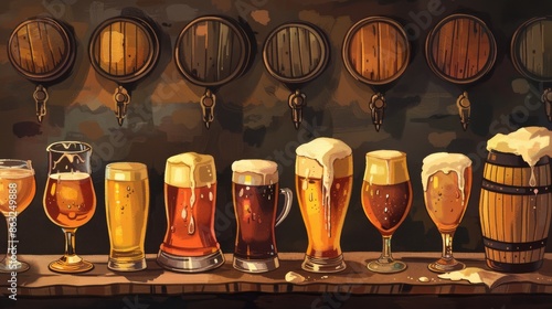 A variety of beer glasses and barrels in a rustic setting.