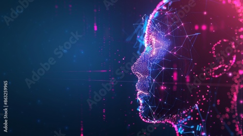 Abstract digital human face made of glowing particles on a blue and purple background. Concept for AI, technology, and the future.