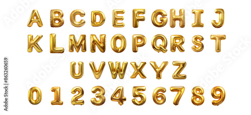 Gold foil balloon alphabet and numbers cut out png on transparent background