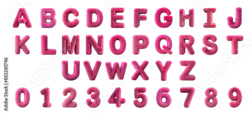 3D Furry Pink Alphabet and Numbers Set on Dark Background - Uppercase Letters and Digits with Soft Fluffy Texture for Creative Designs and Typography Projects cut out png on transparent background