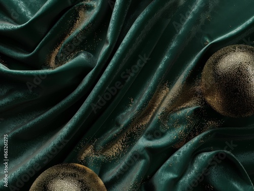 Abstract green velvet fabric with two golden spheres. Minimalist luxurious background.