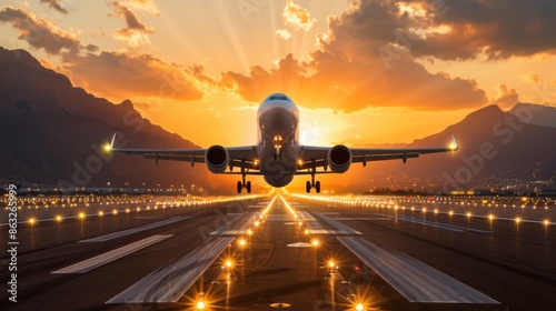 A large jetliner is taking off from an airport runway at sunset with mountains in the background, captured with radiant sunlight and dynamic composition.