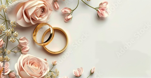 Wedding Rings With Pink Roses And Greenery