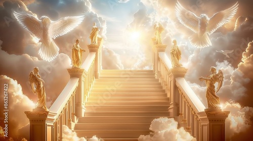 The image portrays a divine stairway leading to a bright, heavenly light surrounded by clouds. Glowing angelic figures and white doves enhance the ethereal atmosphere.