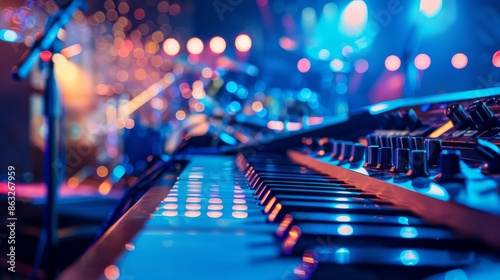 Close up of a piano keyboard on stage with blurred out band and audience in the background.