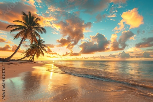 Palm trees on sandy island in the ocean in Punta Cana, Dominican Republic.