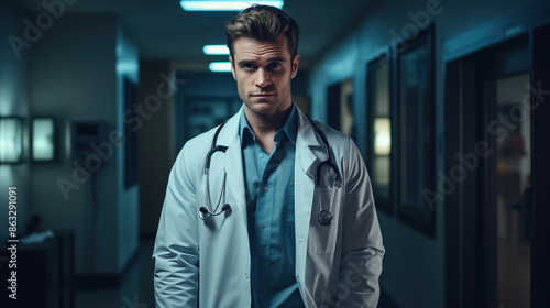 A young male doctor in a white coat stands in a hospital hallway at night