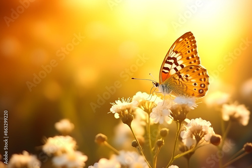 blue and orange butterfly with wings spread, perched on the flowers of exotic plant, sunlight with bokeh effects