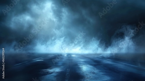 A dark, empty street with a dark blue background enveloped in fog and lit by a mysterious blue glow, creating an eerie atmosphere.