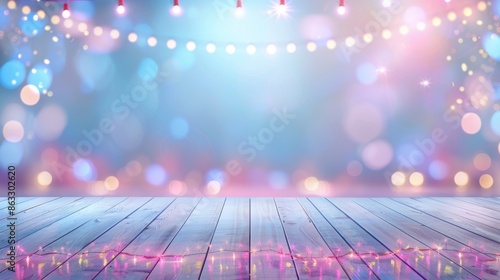 A serene light blue bokeh background with various colorful lights and stars, creating a dreamy and festive atmosphere. Wooden floor with pink lights complements the joyful scene.