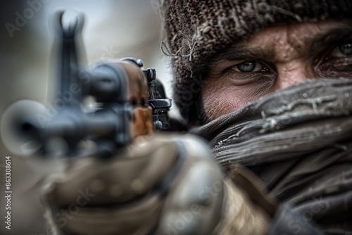 A man is holding a gun and wearing a hat. The man's face is obscured by a scarf