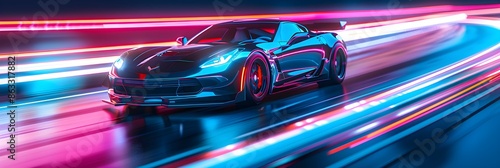 Futuristic Sports Car On Neon Highway. Powerful acceleration of a supercar with colorful lights trails