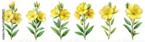 Evening Primrose flower watrcolor set isolated on a white background