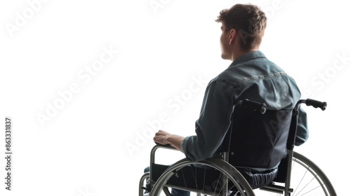 Disable young man in wheelchair back side view on transparent background