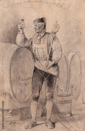 Die Weinprobe, Zeichnung von Johann Matthias Ranftl (1804-1854), entstanden 1834