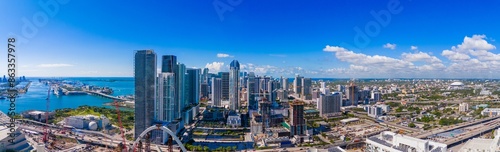 Aerial panoramic photo Downtown Miami, Florida, USA. stitched photo 2024. View of skyscrapers Dade County business district