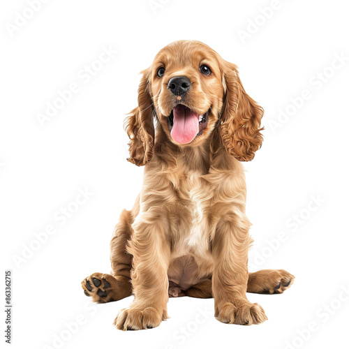 happy golden cocker spaniel puppy sitting full height, white background