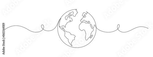 One continuous line drawing of Earth globe. World map and planet symbol in simple linear style. Travel and flight concept in editable stroke. Doodle contour vector illustration