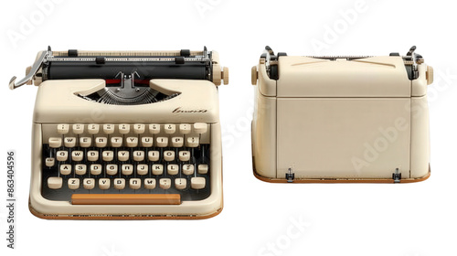 Vintage cream typewriter isolated on black background. Front and side view.