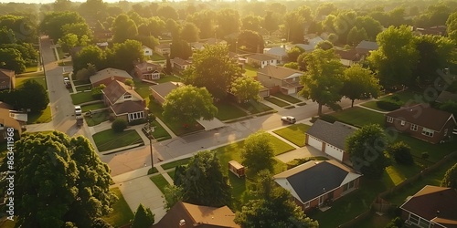 Aerial drone view of American suburban neighborhood at daytime. Establishing shot of America's suburb. Residential single family houses pattern