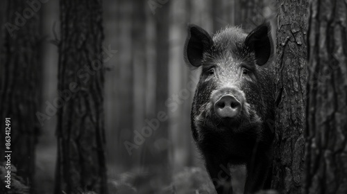 Majestic black boar standing still amidst dense forest, surrounded by tall trees, captured in a timeless black and white photo