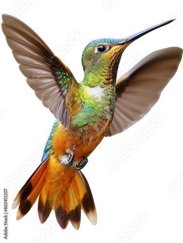 A vibrant hummingbird in mid-flight with wings spread wide, showcasing its colorful plumage and delicate features.