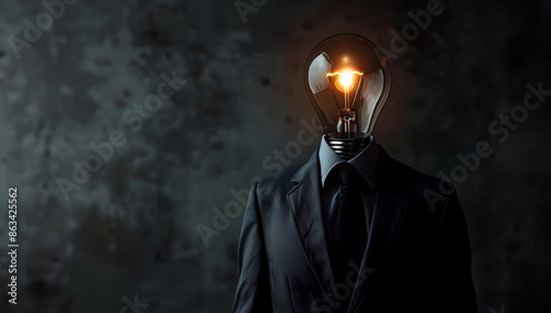 Creative concept image of a person in a suit with a glowing light bulb instead of a head on a dark background, symbolizing idea and innovation.