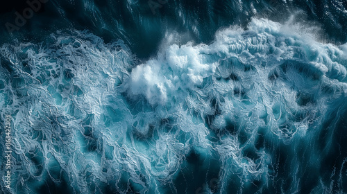 drone view of ocean waves with white foam on blue and turquoise water background wallpaper