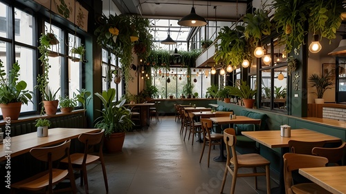 Garden-themed cafe with hanging plants and floral prints.