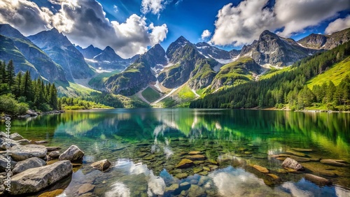 Serene alpine lake morskie oko surrounded by towering tatra mountain peaks under a bright blue sky with scattered clouds in summer poland.