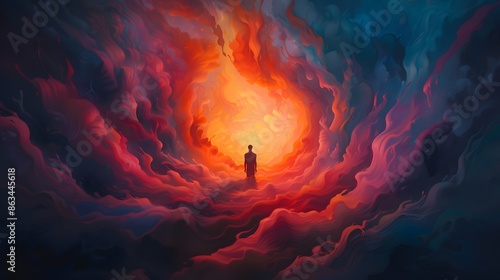 A lone figure stands in a swirling sea of vibrant clouds, bathed in warm light emanating from a distant source.