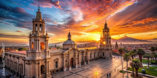 Cathedral in Arequipa, Peru with stunning sunset view, Arequipa, Cathedral, Sunset, Peru, Landmark, Architecture