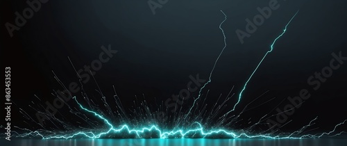 teal arc lightning sparks abstract on plain black background banner with copy space